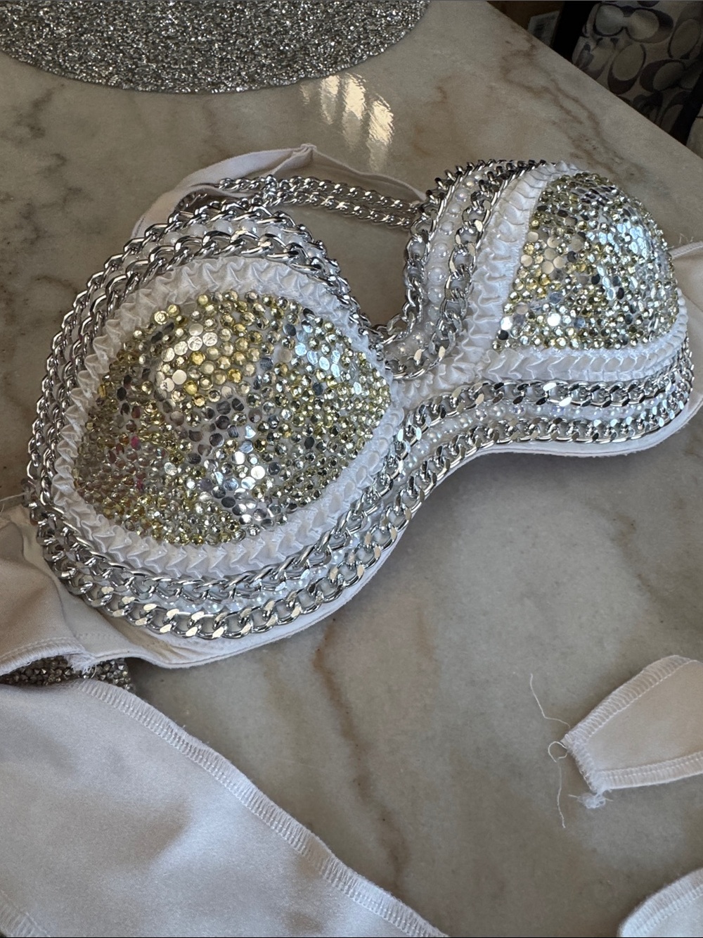 Embellished White Satin Bandeau Bra with Sequin Cups - Picture 3 of 7
